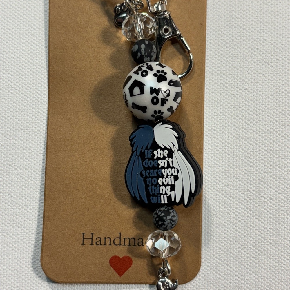 Handmade Keychain with Blue and White Beads Cruella Deville